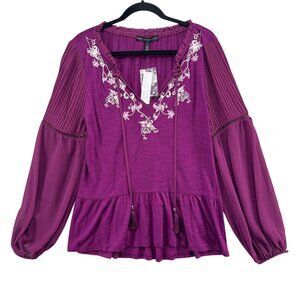 WHBM Pleated Embroidered Blouse Womens Purple Gypsy Long Sleeve V Neck Size S
